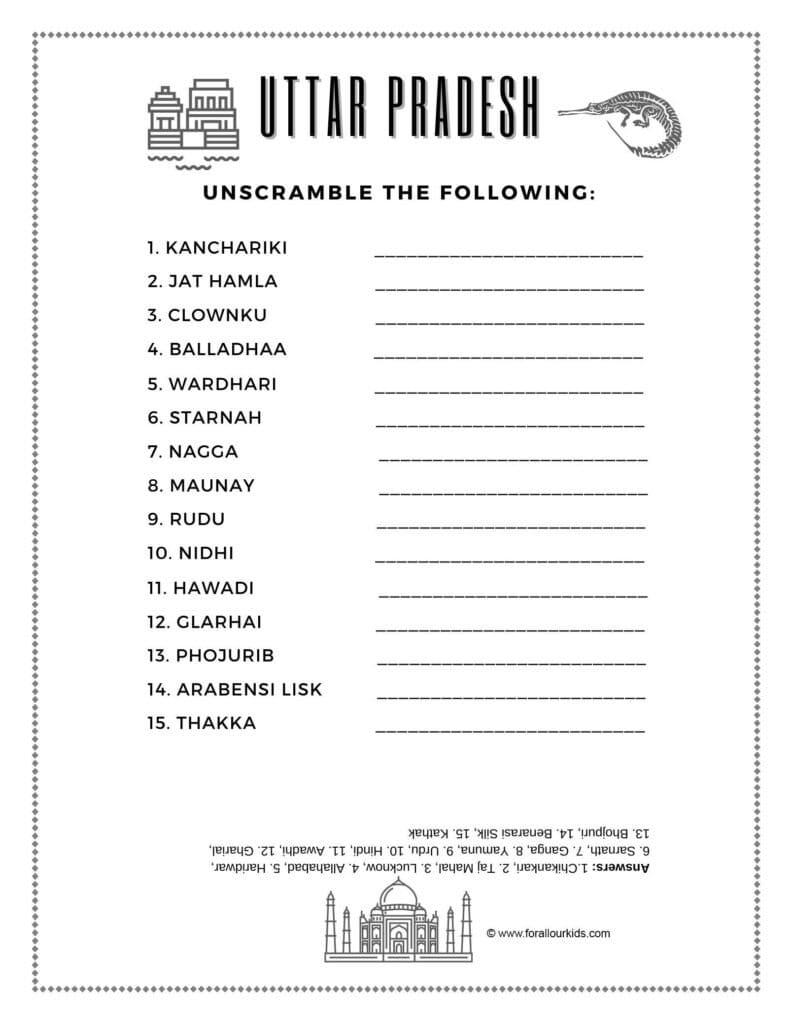 states of India worksheets